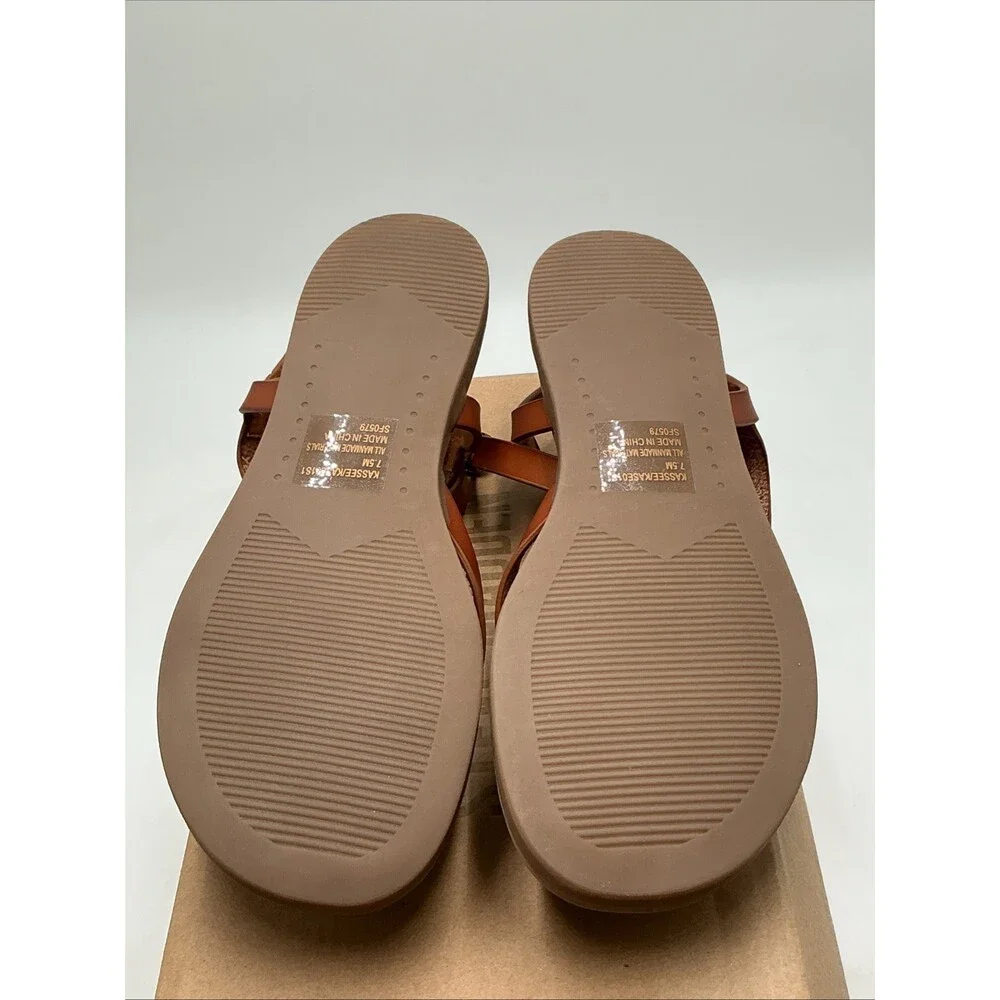 Steve Madden Kassee Sandals Women's 7.5 Cognac Leather Ankle Strap Thong Eby4494